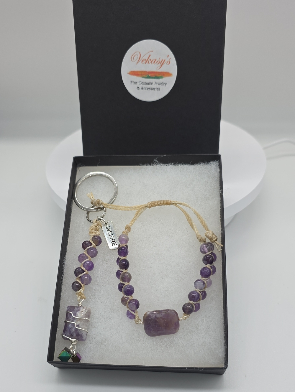 Handcrafted Purple Amethyst Bead Macrame Bracelet and Keychain Set